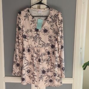 WIHOLL Floral Babydoll Tunic Top Cream & Black Long Sleeve Size Medium NWT